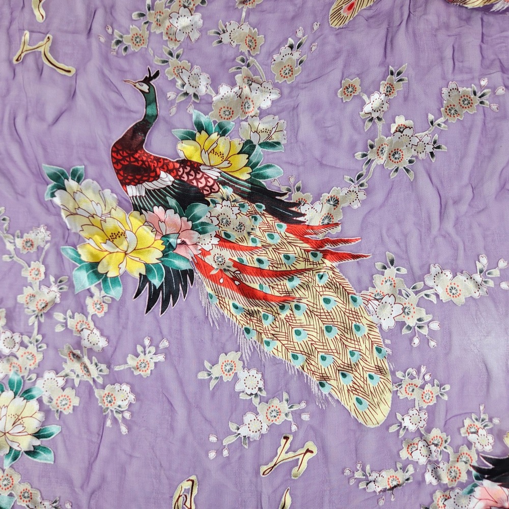 Vintage Purple 100% Silk Peacock Floral Scarf Crinkle Chiffon Shawl Wrap 64x22"